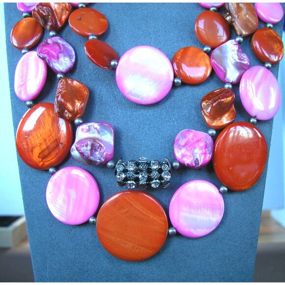 3 Strand Pink & Orange Shell Bead Necklace, Rhinestone Accents & Lobster Clasp - Picture 2 of 4